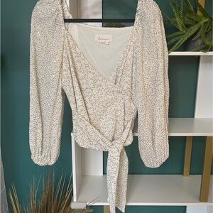 Anthropologie Cream Sequin Wrap Blouse